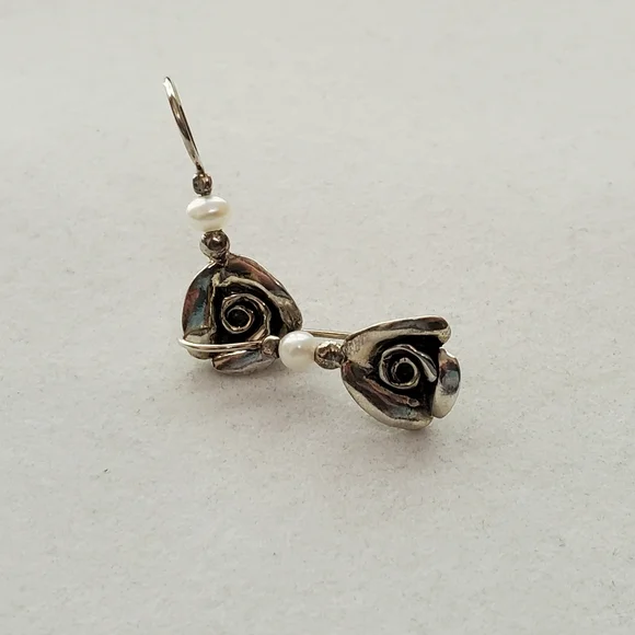 PZ ISRAEL Sterling Rose Earrings with White Cultured Pearl 1.25”L - Picture 8 of 15